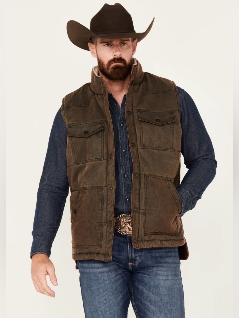 Cody James Men's Oil Slick Snap Vest-Flannel & Sherpa Lined Brown Size Large
